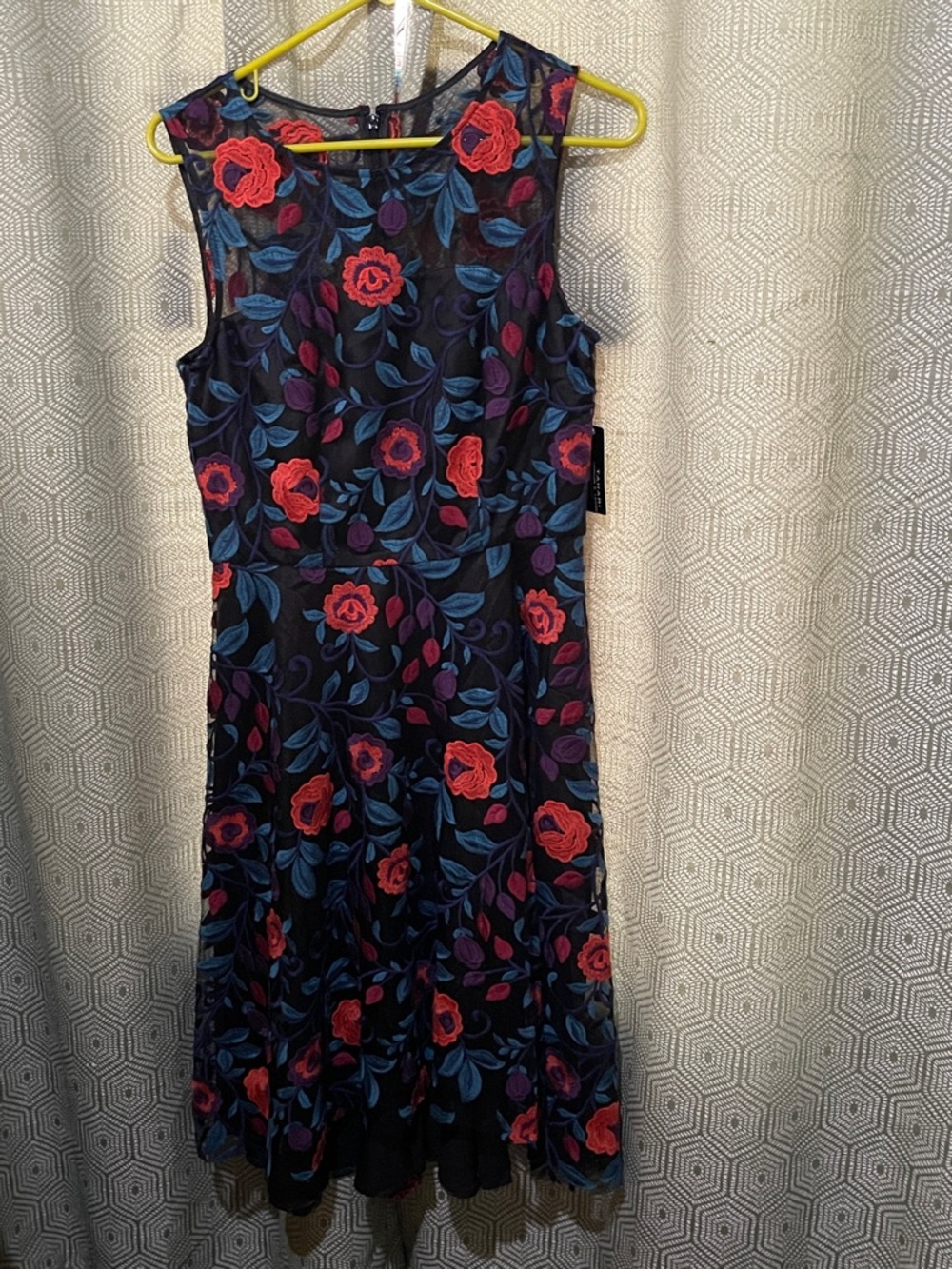 Tahari ASL Black Midi Dress with Red Floral Embroidery NWT